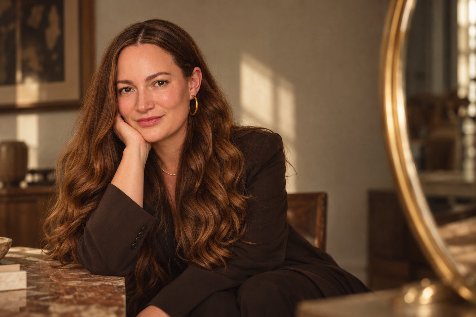 Zoe Ehrlich seated at a marble table beside a brass mirror
